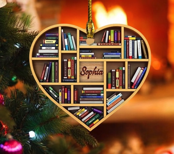 ornament of bookshelves personalized with name; gift for a book lover