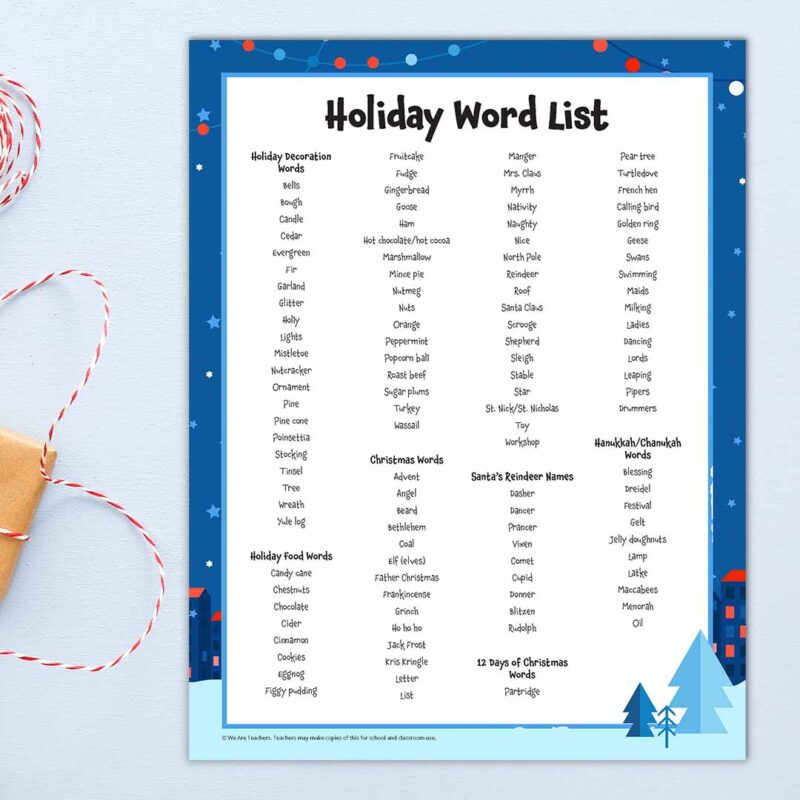 Square visual of printable holiday word list on table with wrapped gifts.