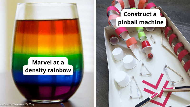 7th Grade science projects and experiments including glass filled with rainbow water to measure density and a pinball machine made of plastic cups and paper.