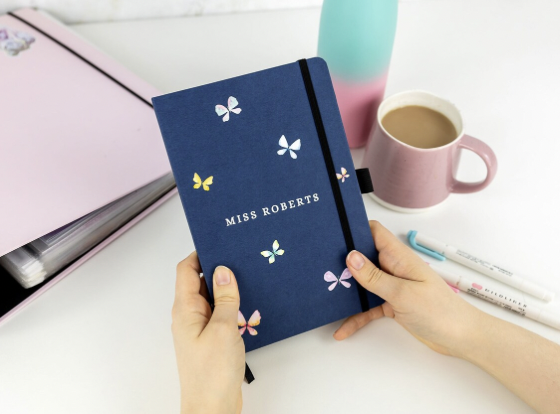 Personalized notebook with bows and words Miss Roberts